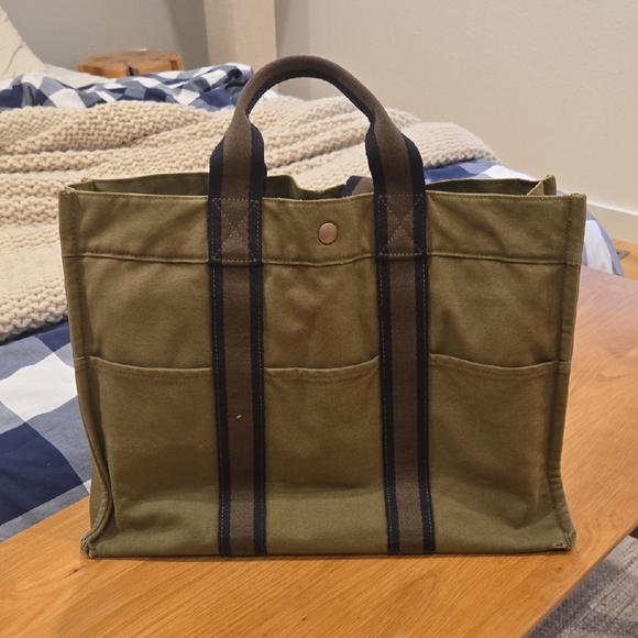 Hermes Handbags - Hermes Green Canvas Tote with Navy Stripes, French Chic, Unisex, GUC